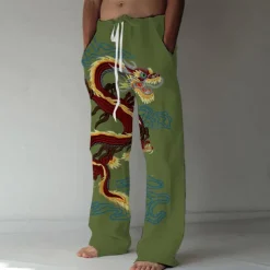 Men's Trousers Summer Pants Beach Pants Elastic Drawstring Design Front Pocket Straight Leg Dragon Graphic Prints Comfort Soft Casual Daily Fashion Big and Tall White Green
