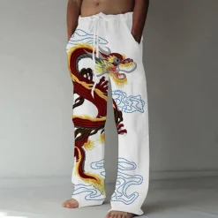 Men's Trousers Summer Pants Beach Pants Elastic Drawstring Design Front Pocket Straight Leg Dragon Graphic Prints Comfort Soft Casual Daily Fashion Big and Tall White Green