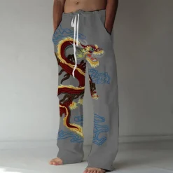 Men's Trousers Summer Pants Beach Pants Elastic Drawstring Design Front Pocket Straight Leg Dragon Graphic Prints Comfort Soft Casual Daily Fashion Big and Tall White Green
