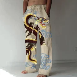 Men's Trousers Summer Pants Beach Pants Elastic Drawstring Design Front Pocket Straight Leg Dragon Graphic Prints Comfort Soft Casual Daily Fashion Big and Tall White Green