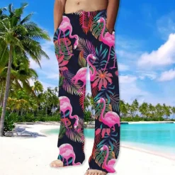 Men's Trousers Summer Pants Beach Pants Drawstring Elastic Waist Straight Leg Animal Flamingo Graphic Prints Comfort Casual Daily Holiday Streetwear Hawaiian Pink Red