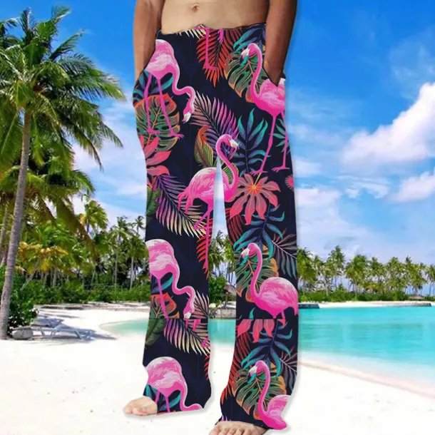 Men's Trousers Summer Pants Beach Pants Drawstring Elastic Waist Straight Leg Animal Flamingo Graphic Prints Comfort Casual Daily Holiday Streetwear Hawaiian Pink Red