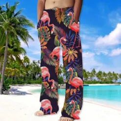 Men's Trousers Summer Pants Beach Pants Drawstring Elastic Waist Straight Leg Animal Flamingo Graphic Prints Comfort Casual Daily Holiday Streetwear Hawaiian Pink Red