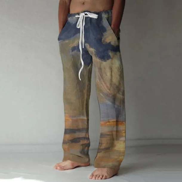 Men's Trousers Summer Pants Baggy Beach Pants Elastic Drawstring Design Front Pocket Straight Leg Graphic Prints Landscape Comfort Soft Casual Daily For Vacation Linen Like Fabric Fashion Streetwear