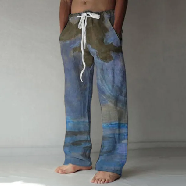 Men's Trousers Summer Pants Baggy Beach Pants Elastic Drawstring Design Front Pocket Straight Leg Graphic Prints Landscape Comfort Soft Casual Daily For Vacation Linen Like Fabric Fashion Streetwear