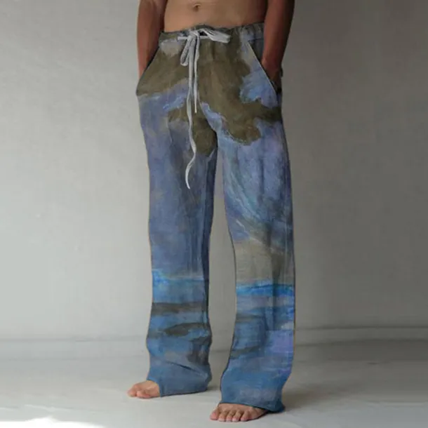 Men's Trousers Summer Pants Baggy Beach Pants Elastic Drawstring Design Front Pocket Straight Leg Graphic Prints Landscape Comfort Soft Casual Daily For Vacation Linen Like Fabric Fashion Streetwear