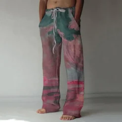 Men's Trousers Summer Pants Baggy Beach Pants Elastic Drawstring Design Front Pocket Straight Leg Graphic Prints Landscape Comfort Soft Casual Daily For Vacation Linen Like Fabric Fashion Streetwear