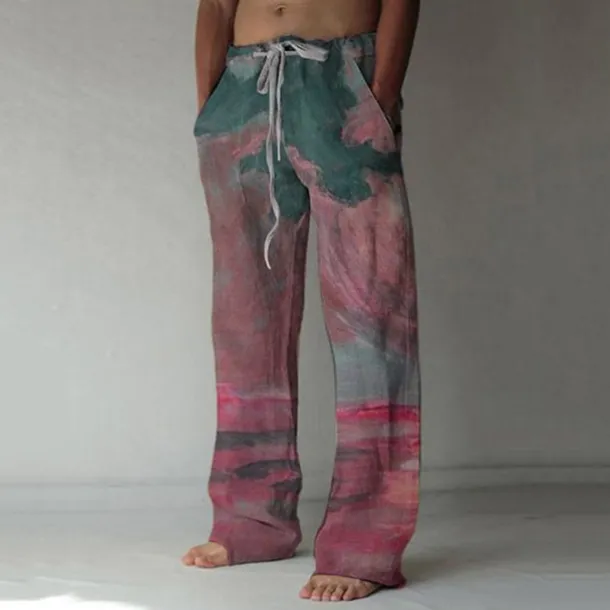 Men's Trousers Summer Pants Baggy Beach Pants Elastic Drawstring Design Front Pocket Straight Leg Graphic Prints Landscape Comfort Soft Casual Daily For Vacation Linen Like Fabric Fashion Streetwear