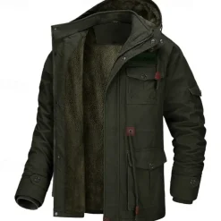 Men's Trucker Jacket Fleece Jacket Cargo Jacket Hoodie Jacket Vacation Daily Thermal Warm Pocket Fleece Fall & Winter Plain Fashion Streetwear Hooded Regular Black Brown Army Green Jacket