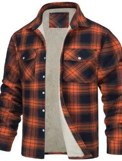 Men's Trucker Jacket Shirt Jacket Casual Jacket Shacket Outdoor Daily Wear Warm Fall Winter Plaid Fashion Streetwear Lapel Regular Black Wine Blue Orange Green Jacket