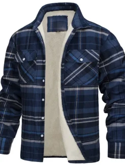 Men's Trucker Jacket Shirt Jacket Casual Jacket Shacket Outdoor Daily Wear Warm Fall Winter Plaid Fashion Streetwear Lapel Regular Black Wine Blue Orange Green Jacket
