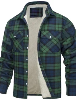 Men's Trucker Jacket Shirt Jacket Casual Jacket Shacket Outdoor Daily Wear Warm Fall Winter Plaid Fashion Streetwear Lapel Regular Black Wine Blue Orange Green Jacket