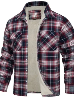 Men's Trucker Jacket Shirt Jacket Casual Jacket Shacket Outdoor Daily Wear Warm Fall Winter Plaid Fashion Streetwear Lapel Regular Black Wine Blue Orange Green Jacket