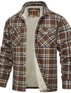 Men's Trucker Jacket Shirt Jacket Casual Jacket Shacket Outdoor Daily Wear Warm Fall Winter Plaid Fashion Streetwear Lapel Regular Black Wine Blue Orange Green Jacket