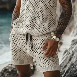 Men's T-shirt Suits 2 Piece Summer Tracksuit Set Casual Sleeveless Suit Crew Neck Summer Knitwear Bohemia Vacation Knitted Vacation Black Brown Beige Top Tee for Men