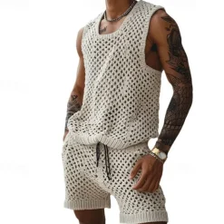 Men's T-shirt Suits 2 Piece Summer Tracksuit Set Casual Sleeveless Suit Crew Neck Summer Knitwear Bohemia Vacation Knitted Vacation Black Brown Beige Top Tee for Men