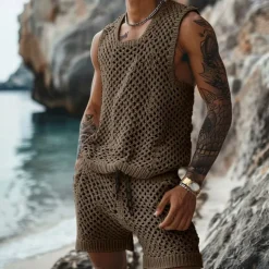 Men's T-shirt Suits 2 Piece Summer Tracksuit Set Casual Sleeveless Suit Crew Neck Summer Knitwear Bohemia Vacation Knitted Vacation Black Brown Beige Top Tee for Men