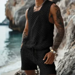 Men's T-shirt Suits 2 Piece Summer Tracksuit Set Casual Sleeveless Suit Crew Neck Summer Knitwear Bohemia Vacation Knitted Vacation Black Brown Beige Top Tee for Men