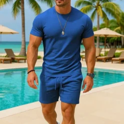 Men's T-shirt Suits 2 Pieces Outfits Tee & Shorts Short Sleeve Crew Neck Summer Plain Fashion Casual 2 Piece Vacation Daily Wear Going out Light Pink Black White Top Tee for Men