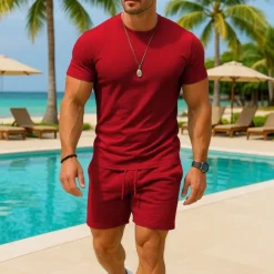 Men's T-shirt Suits 2 Pieces Outfits Tee & Shorts Short Sleeve Crew Neck Summer Plain Fashion Casual 2 Piece Vacation Daily Wear Going out Light Pink Black White Top Tee for Men