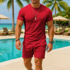 Men's T-shirt Suits 2 Pieces Outfits Tee & Shorts Short Sleeve Crew Neck Summer Plain Fashion Casual 2 Piece Vacation Daily Wear Going out Light Pink Black White Top Tee for Men