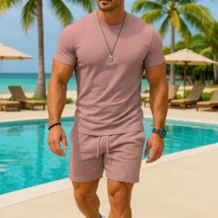 Men's T-shirt Suits 2 Pieces Outfits Tee & Shorts Short Sleeve Crew Neck Summer Plain Fashion Casual 2 Piece Vacation Daily Wear Going out Light Pink Black White Top Tee for Men