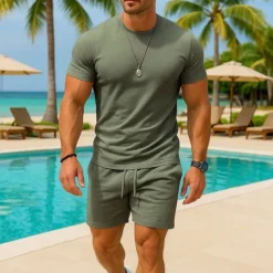 Men's T-shirt Suits 2 Pieces Outfits Tee & Shorts Short Sleeve Crew Neck Summer Plain Fashion Casual 2 Piece Vacation Daily Wear Going out Light Pink Black White Top Tee for Men