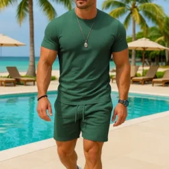 Men's T-shirt Suits 2 Pieces Outfits Tee & Shorts Short Sleeve Crew Neck Summer Plain Fashion Casual 2 Piece Vacation Daily Wear Going out Light Pink Black White Top Tee for Men