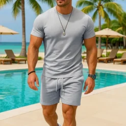 Men's T-shirt Suits 2 Pieces Outfits Tee & Shorts Short Sleeve Crew Neck Summer Plain Fashion Casual 2 Piece Vacation Daily Wear Going out Light Pink Black White Top Tee for Men