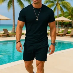 Men's T-shirt Suits 2 Pieces Outfits Tee & Shorts Short Sleeve Crew Neck Summer Plain Fashion Casual 2 Piece Vacation Daily Wear Going out Light Pink Black White Top Tee for Men