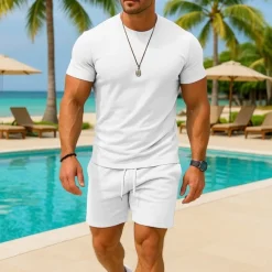 Men's T-shirt Suits 2 Pieces Outfits Tee & Shorts Short Sleeve Crew Neck Summer Plain Fashion Casual 2 Piece Vacation Daily Wear Going out Light Pink Black White Top Tee for Men