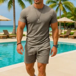 Men's T-shirt Suits 2 Pieces Outfits Tee & Shorts Short Sleeve Crew Neck Summer Plain Fashion Casual 2 Piece Vacation Daily Wear Going out Light Pink Black White Top Tee for Men