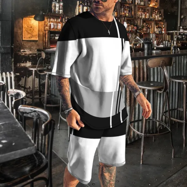 Men's T-shirt Suits 2 Pieces Outfits Tee & Shorts Short Sleeve Crew Neck Summer Color Block Fashion Casual 2 Piece Vacation Daily Wear Going out White Blue Gray Top Tee for Men
