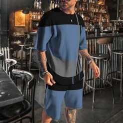 Men's T-shirt Suits 2 Pieces Outfits Tee & Shorts Short Sleeve Crew Neck Summer Color Block Fashion Casual 2 Piece Vacation Daily Wear Going out White Blue Gray Top Tee for Men