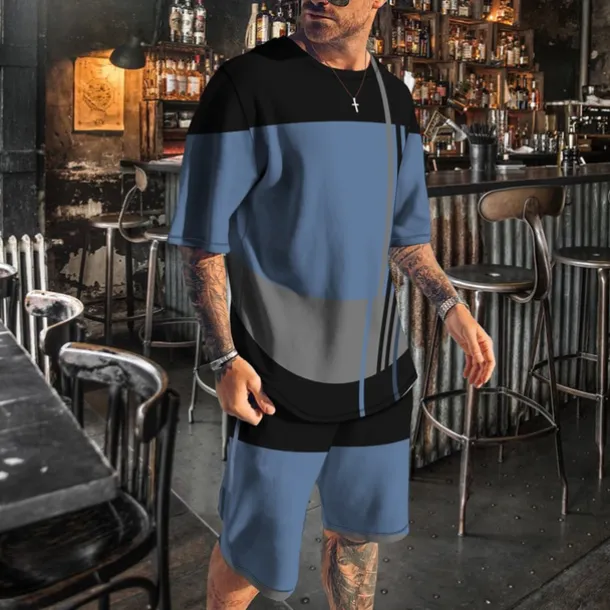 Men's T-shirt Suits 2 Pieces Outfits Tee & Shorts Short Sleeve Crew Neck Summer Color Block Fashion Casual 2 Piece Vacation Daily Wear Going out White Blue Gray Top Tee for Men