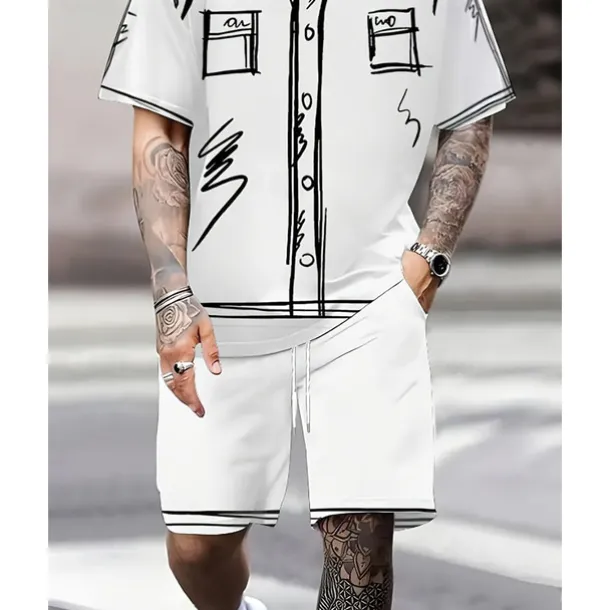 Men's T-shirt Suits 2 Pieces Outfits Tee & Shorts Short Sleeve Crew Neck Summer Graphic Fashion Casual 2 Piece Vacation Daily Wear Going out Black White Top Tee for Men