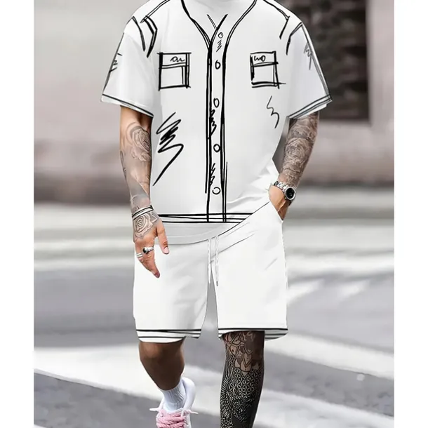 Men's T-shirt Suits 2 Pieces Outfits Tee & Shorts Short Sleeve Crew Neck Summer Graphic Fashion Casual 2 Piece Vacation Daily Wear Going out Black White Top Tee for Men