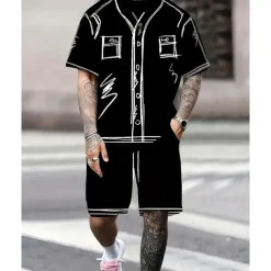 Men's T-shirt Suits 2 Pieces Outfits Tee & Shorts Short Sleeve Crew Neck Summer Graphic Fashion Casual 2 Piece Vacation Daily Wear Going out Black White Top Tee for Men