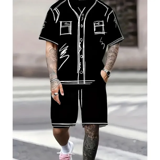 Men's T-shirt Suits 2 Pieces Outfits Tee & Shorts Short Sleeve Crew Neck Summer Graphic Fashion Casual 2 Piece Vacation Daily Wear Going out Black White Top Tee for Men