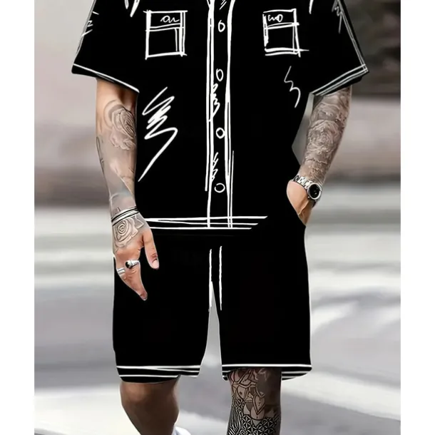 Men's T-shirt Suits 2 Pieces Outfits Tee & Shorts Short Sleeve Crew Neck Summer Graphic Fashion Casual 2 Piece Vacation Daily Wear Going out Black White Top Tee for Men