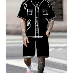 Men's T-shirt Suits 2 Pieces Outfits Tee & Shorts Short Sleeve Crew Neck Summer Graphic Fashion Casual 2 Piece Vacation Daily Wear Going out Black White Top Tee for Men