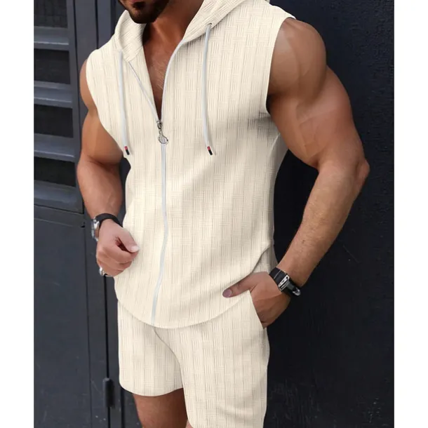 Men's T-shirt Suits 2 Pieces Outfits Tee & Shorts Sleeveless Hooded Summer Plain Fashion Casual 2 Piece Vacation Daily Wear Going out Black Pink White Top Tee for Men