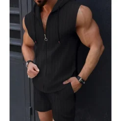 Men's T-shirt Suits 2 Pieces Outfits Tee & Shorts Sleeveless Hooded Summer Plain Fashion Casual 2 Piece Vacation Daily Wear Going out Black Pink White Top Tee for Men