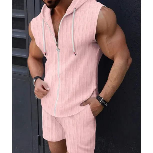 Men's T-shirt Suits 2 Pieces Outfits Tee & Shorts Sleeveless Hooded Summer Plain Fashion Casual 2 Piece Vacation Daily Wear Going out Black Pink White Top Tee for Men