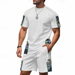 Men's T-shirt Suits 2 Pieces Outfits Tee & Shorts Short Sleeve Crew Neck Summer Graphic Fashion Casual 2 Piece Vacation Daily Wear Going out Black White Brown Top Tee for Men