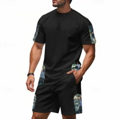 Men's T-shirt Suits 2 Pieces Outfits Tee & Shorts Short Sleeve Crew Neck Summer Graphic Fashion Casual 2 Piece Vacation Daily Wear Going out Black White Brown Top Tee for Men