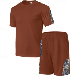 Men's T-shirt Suits 2 Pieces Outfits Tee & Shorts Short Sleeve Crew Neck Summer Graphic Fashion Casual 2 Piece Vacation Daily Wear Going out Black White Brown Top Tee for Men