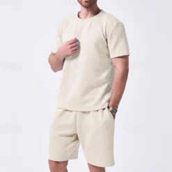 Men's T-shirt Suits 2 Pieces Outfits Tee & Shorts Short Sleeve Crew Neck Summer Plain Fashion Casual 2 Piece Jacquard Vacation Daily Wear Going out Black White Khaki Top Tee for Men