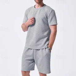 Men's T-shirt Suits 2 Pieces Outfits Tee & Shorts Short Sleeve Crew Neck Summer Plain Fashion Casual 2 Piece Jacquard Vacation Daily Wear Going out Black White Khaki Top Tee for Men