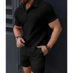 Men's T-shirt Suits 2 Pieces Outfits Tee & Shorts Short Sleeve Lapel Summer Plain Fashion Casual 2 Piece Jacquard Vacation Daily Wear Going out Black White Pink Top Tee for Men